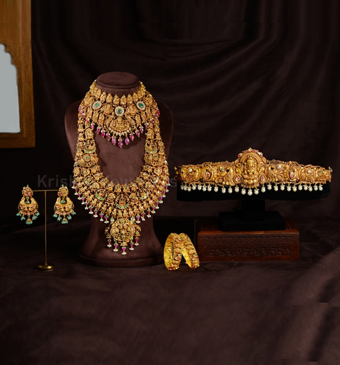 22K Gold Bridal Long Haar Necklace, Choker, Earrings and Vaddanam Complete Wedding Set
