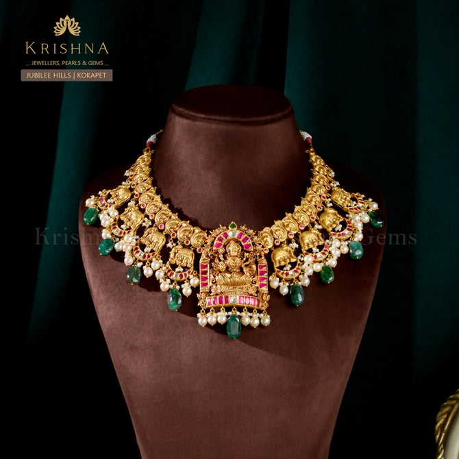 Gold Necklace in 22K Majestic Laxmi Devi and Elephant Design