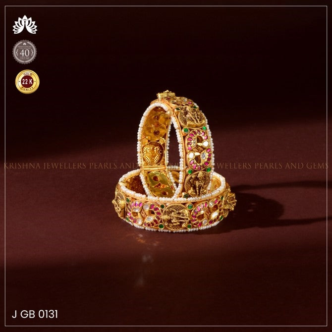 Gold Kundan Laxmi Devi Bangles with Rubies, Emeralds and Pearls