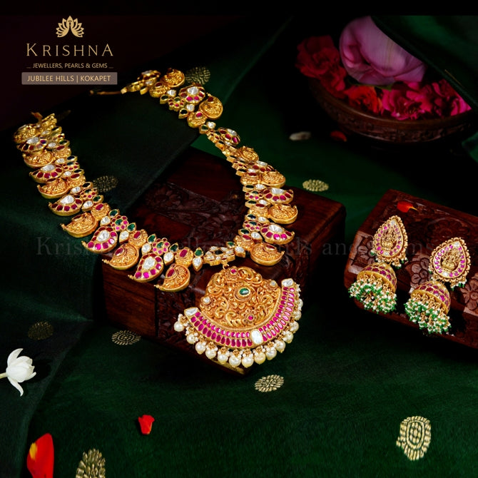 22K Gold Mango Haar Necklace with Lakshmi Jhumka Earrings Traditional South Indian Bridal Set