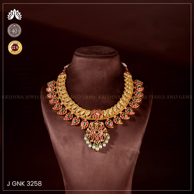 Gold Jalebi Mango Design Necklace with Rubies and Emeralds
