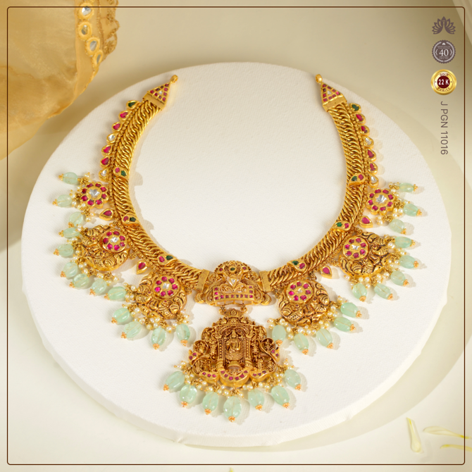 22K Gold Balaji Pendant with Emerald, Ruby Pearl Kanti Style Necklace