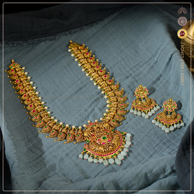 22K Gold Laxmi Devi Mango Haar Temple Heritage Long Necklace and Earrings