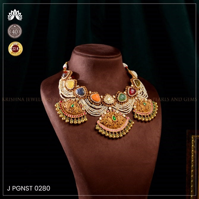 22K Gold Navaratna Necklace with Pearls
