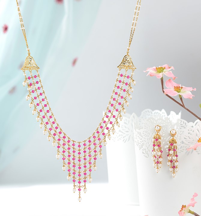 22K Gold Pearl Necklace Sets with Pink Beads