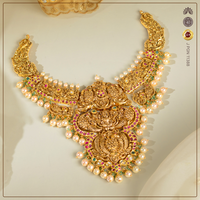 22K Gold Lakshmi Devi Short Necklace with Pearls, Emeralds Rubies