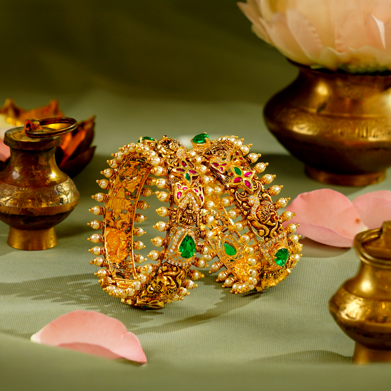 22K Gold Bridal Bangles with Pearls and Emeralds | Traditional Wedding Jewellery