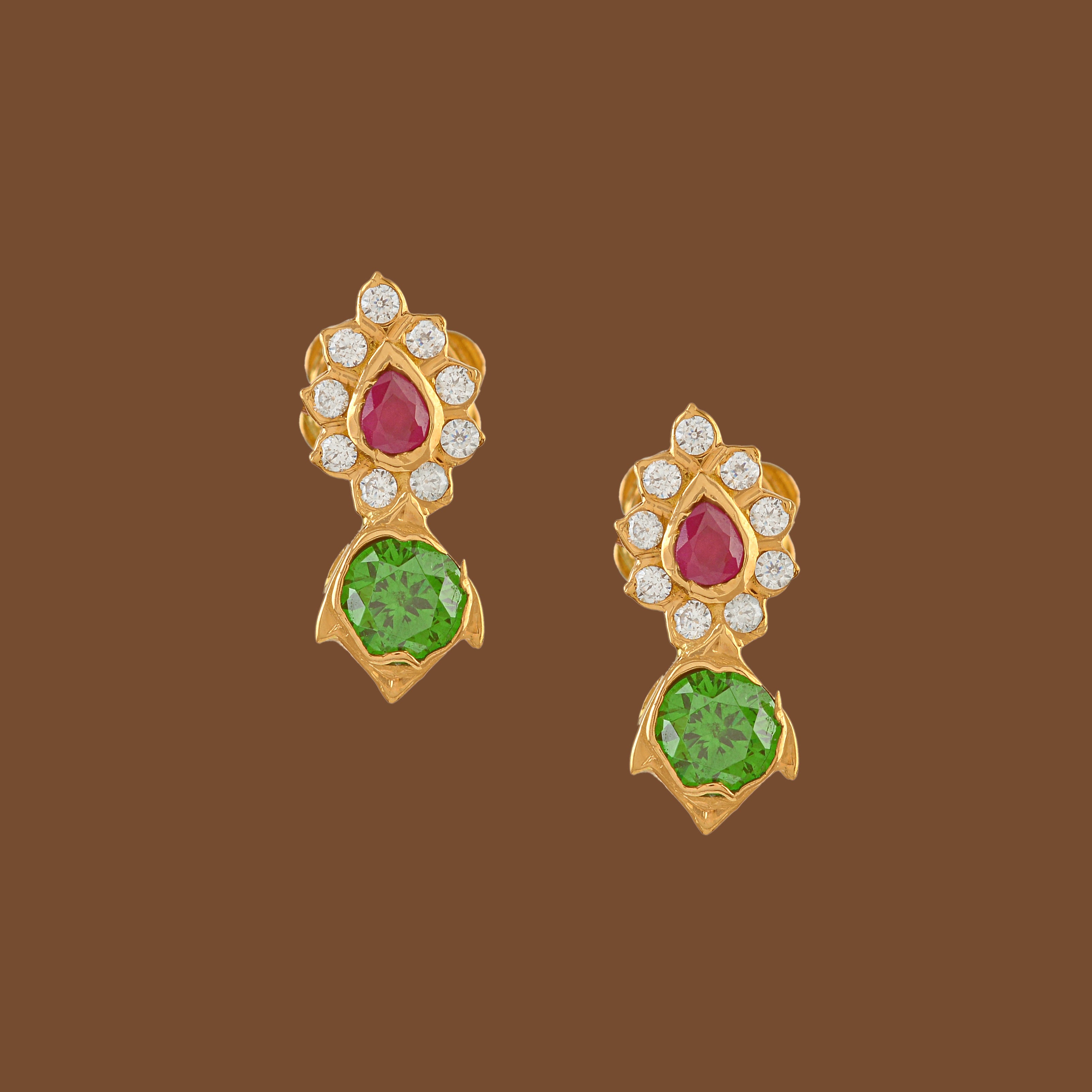 22K Gold Studs With Green Stone - Krishna Jewellers Pearls and Gems