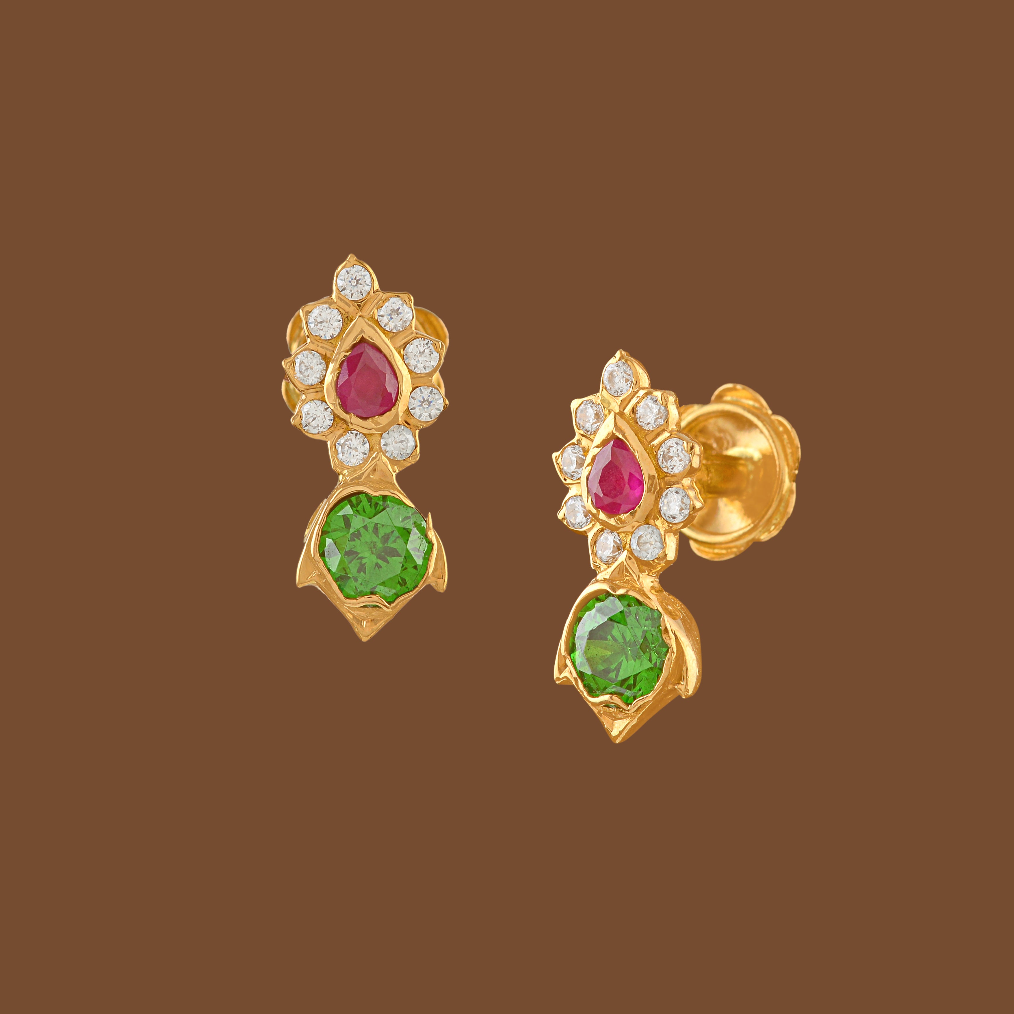22K Gold Studs With Green Stone - Krishna Jewellers Pearls and Gems