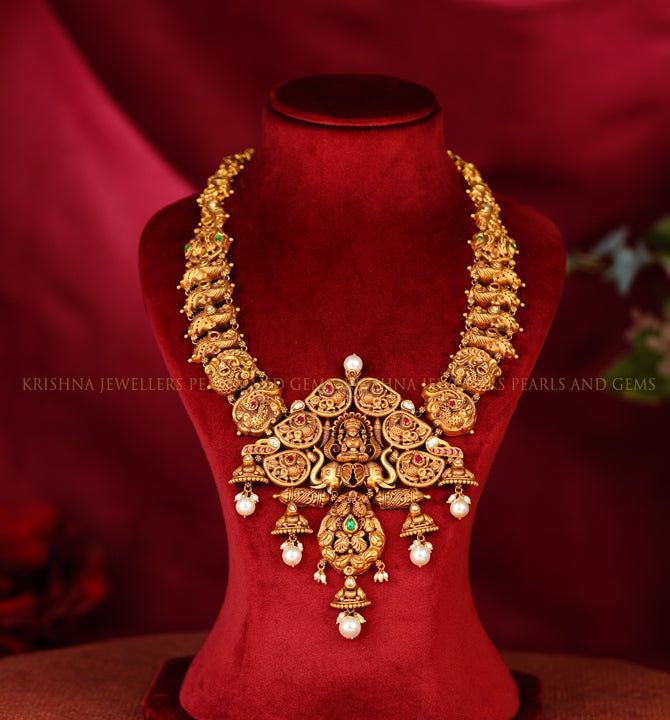 22k Gold Necklace with Peacock Design Rubies Emerald Pota and Pearls