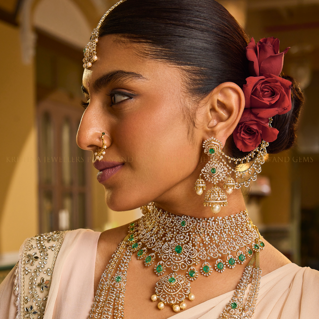 Diamond Emerald Detachable Choker with Pearl Hangings – Bridal Luxury