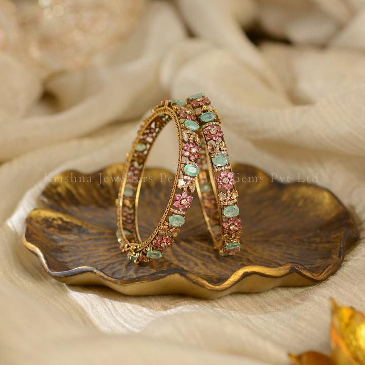 18K Polki Diamond Emerald and Tourmaline Bridal Bangles
