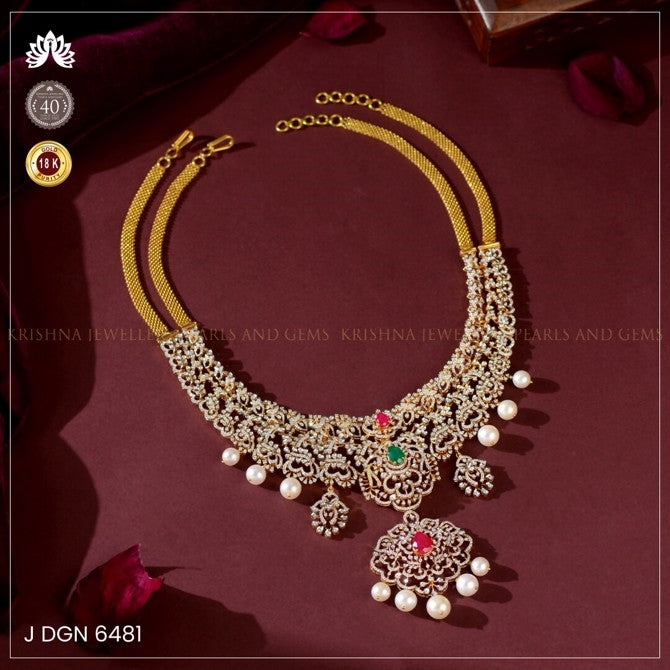 18k Diamond, Emerald, and Ruby Necklace with Pearls