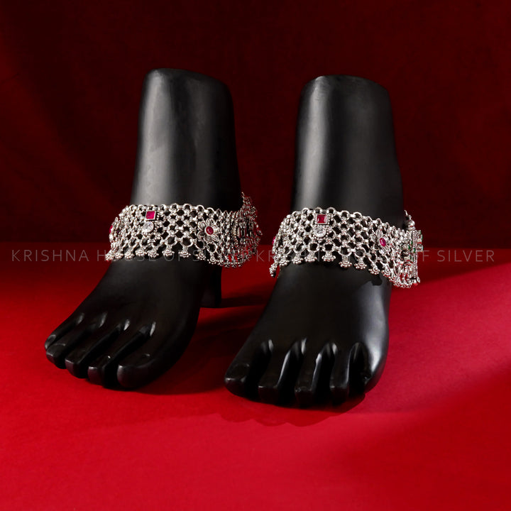 92.5 Silver Payal with Pink & Green Stone Detailing