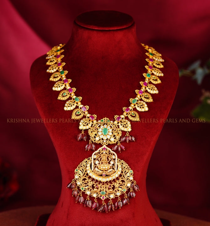 22k Gold Necklace with Lakshmi Devi Pendant CZStones and Tourmaline Beads