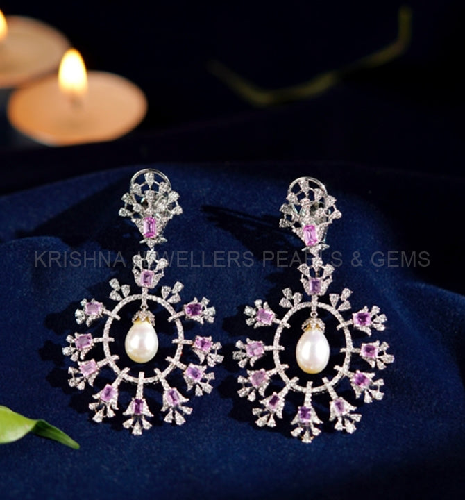Pink Sapphire Dangling Diamond Earrings