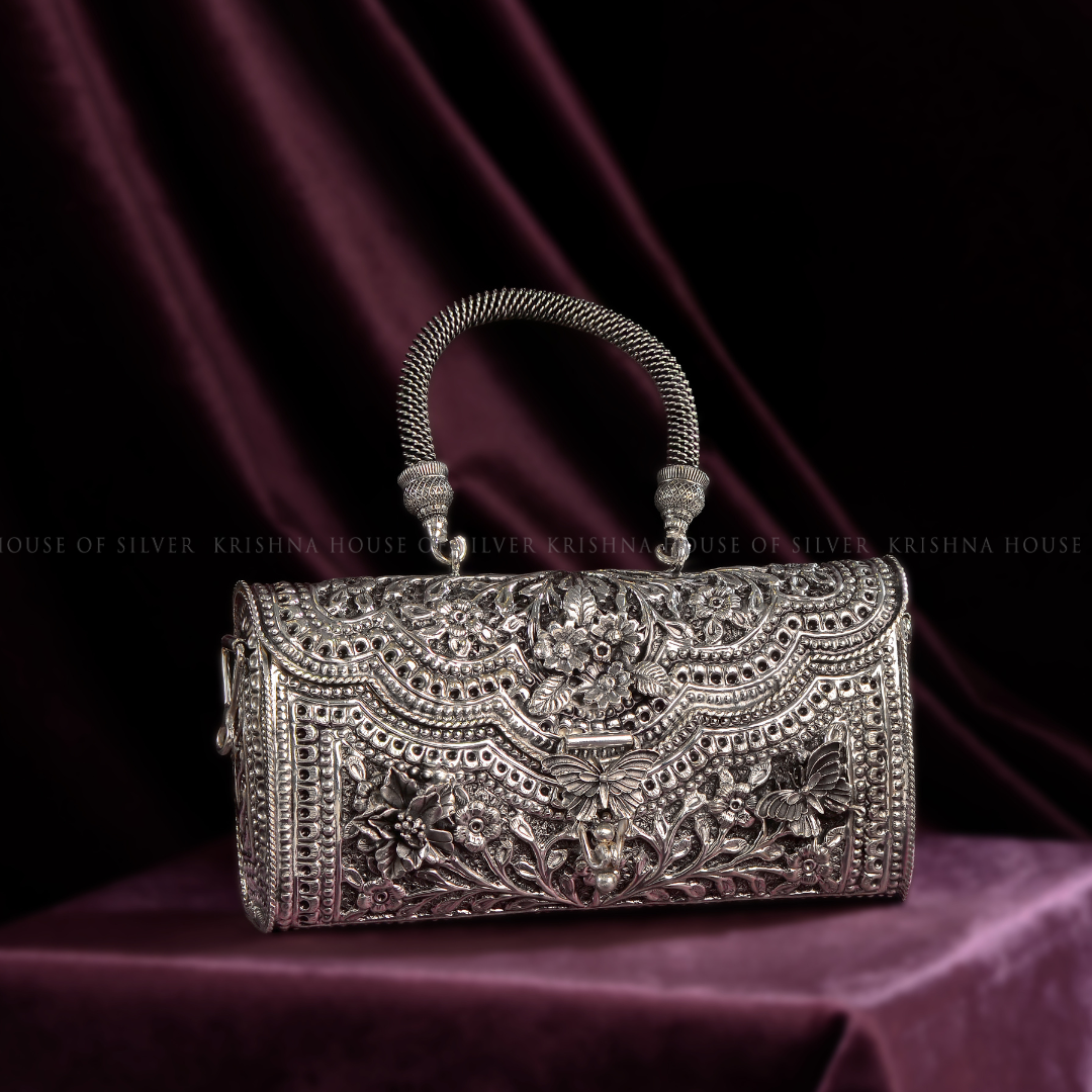 Handcrafted Silver Floral Clutch
