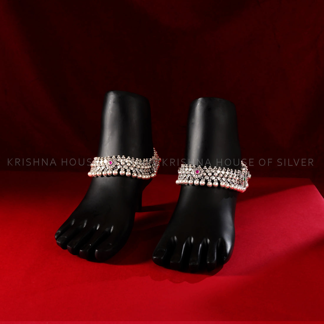 Silver Payal with Red & Green Stones