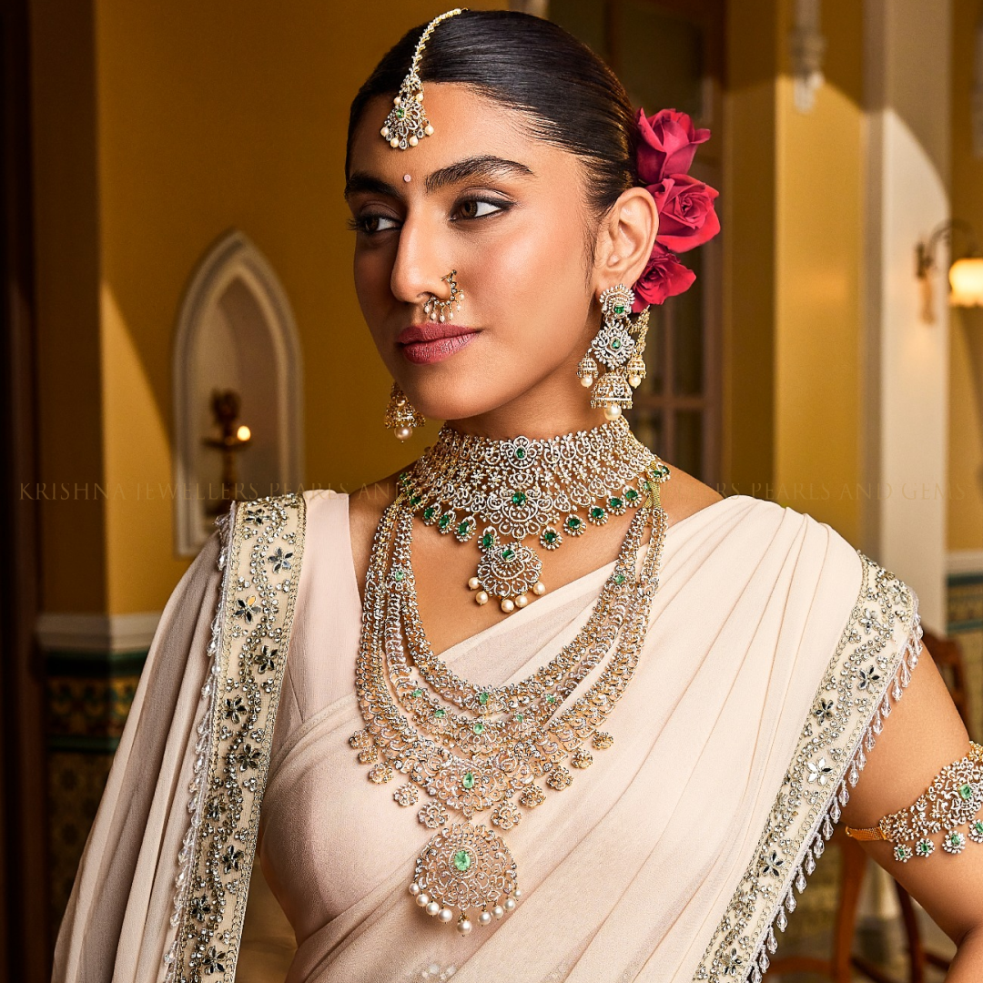 Diamond Emerald Detachable Choker with Pearl Hangings – Bridal Luxury