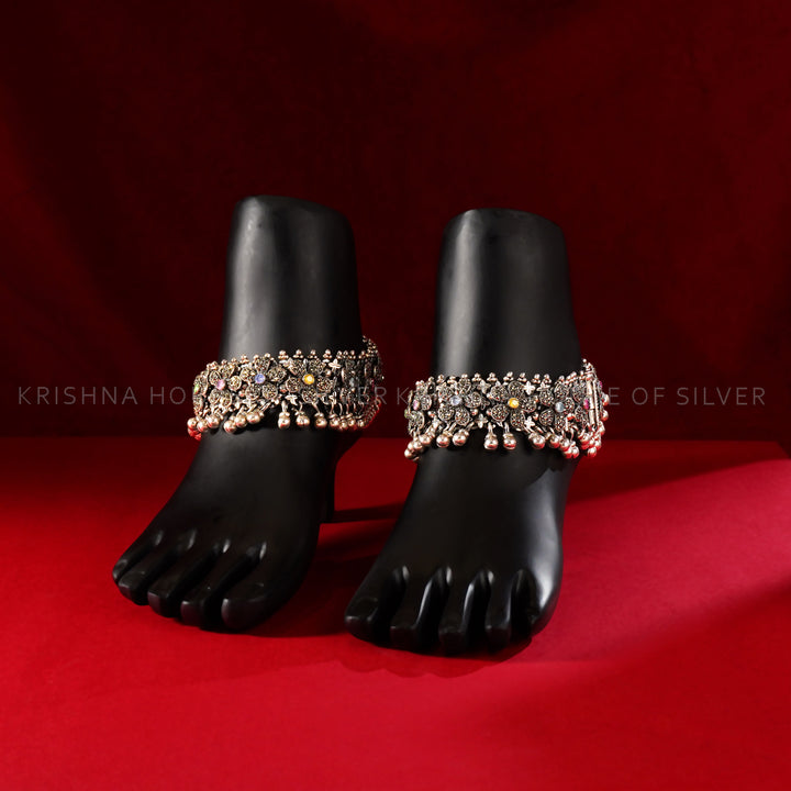 92.5 Silver Floral Payal with Stone Accents