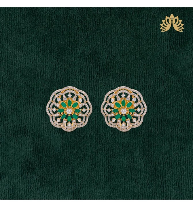 Flowers themed Ear studs crafted using yellow gold with Marquise cut Emeralds