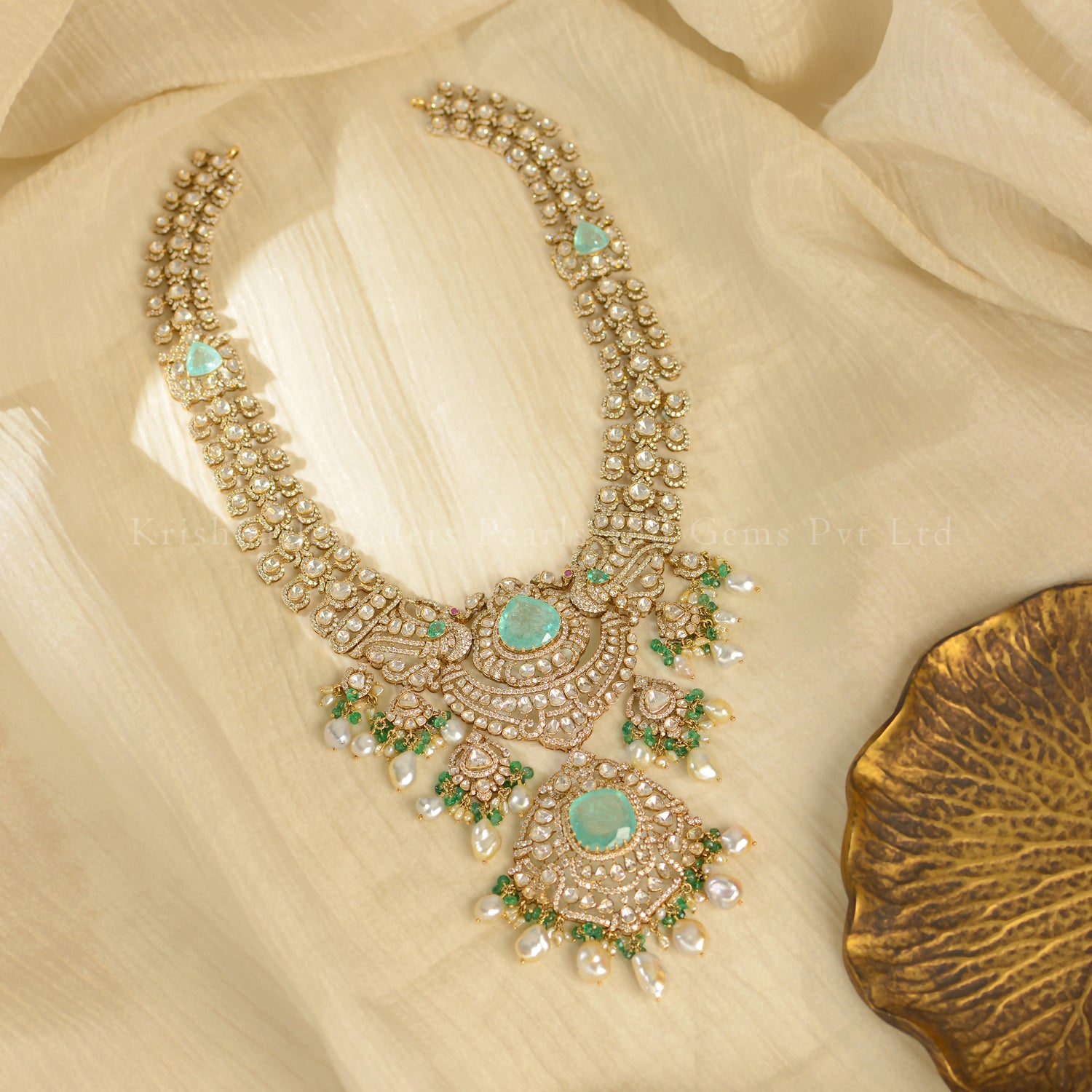 Emerald Polki Long Necklace with Pearl Drops – 18K Gold