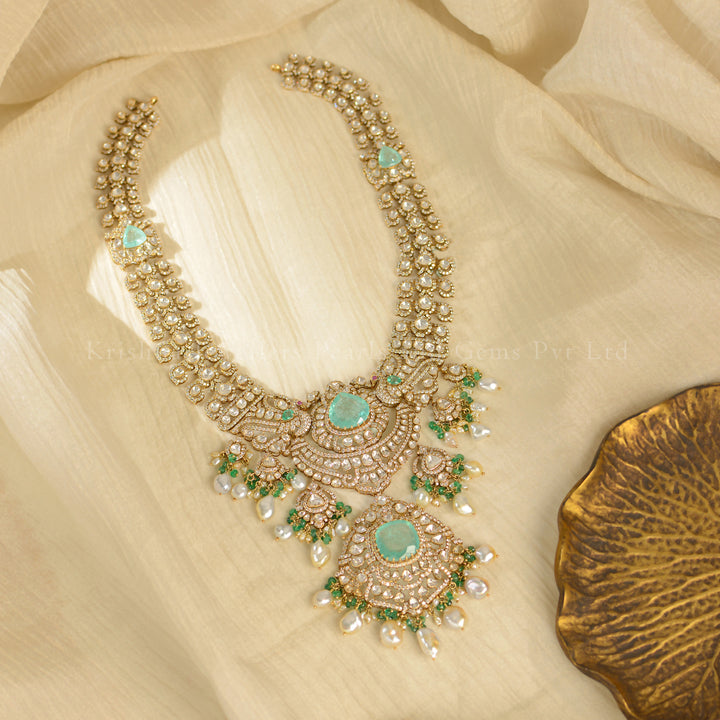 18K Gold Polki Emerald Long Haar Necklace | Royal Bridal Statement Jewellery