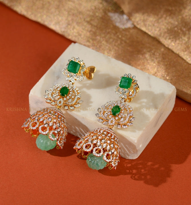 Diamond Earrings Enhanced by Emeralds and Emerald Beads