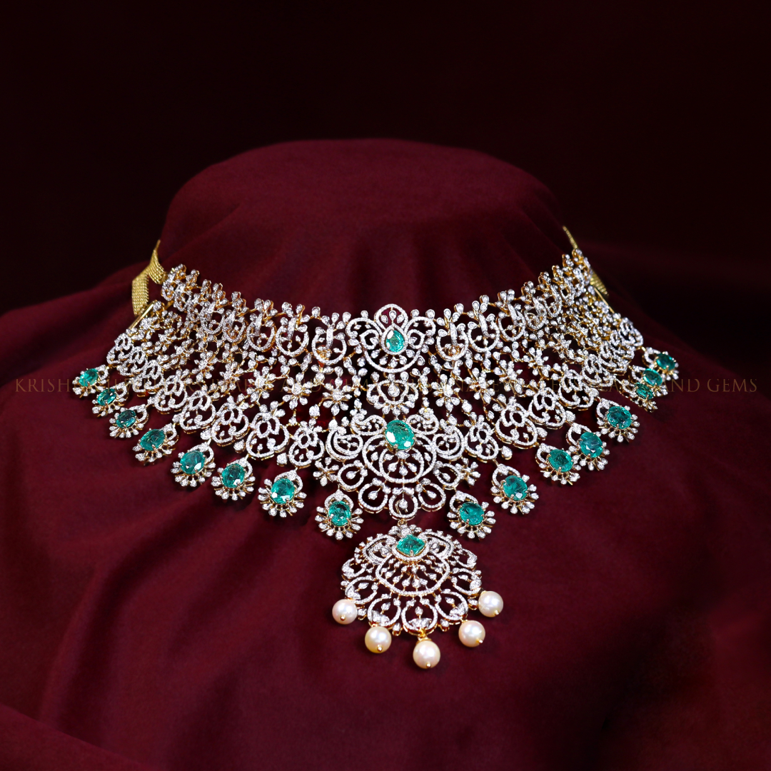 Diamond Emerald Detachable Choker with Pearl Hangings – Bridal Luxury