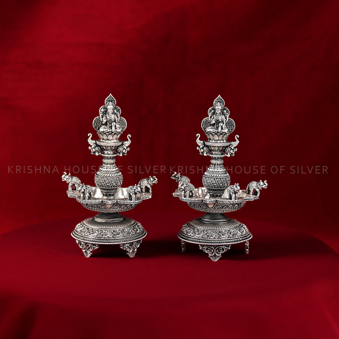 Silver Lakshmi Deepam Set with Elephant and Floral Artistry