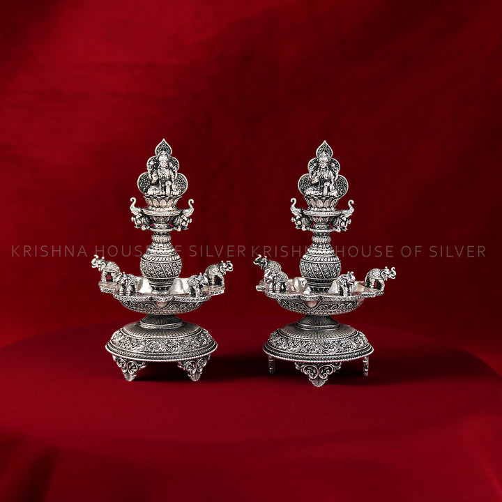 Silver Lakshmi Deepam Set with Elephant and Floral Artistry