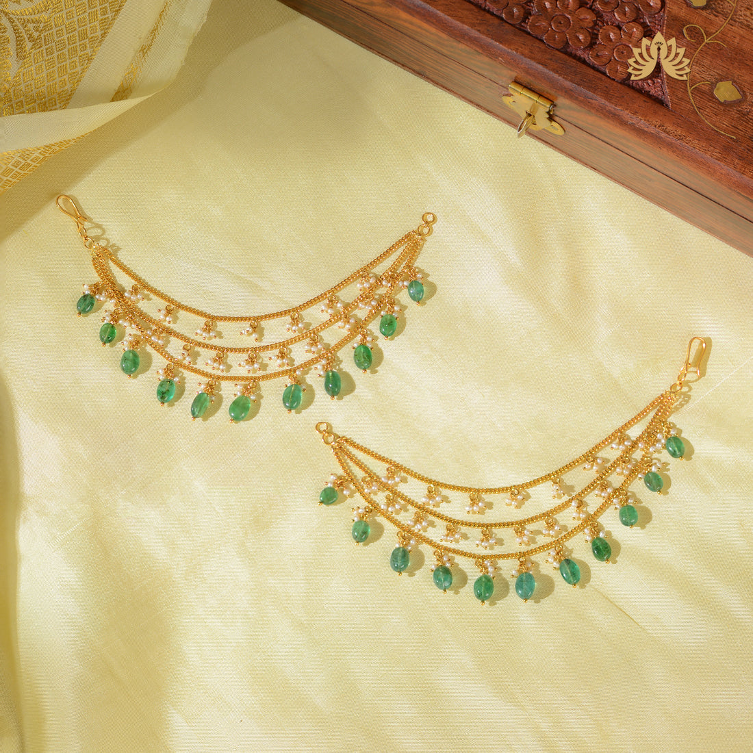 22K Gold Pearl Champaswaralu Necklace with Emeralds