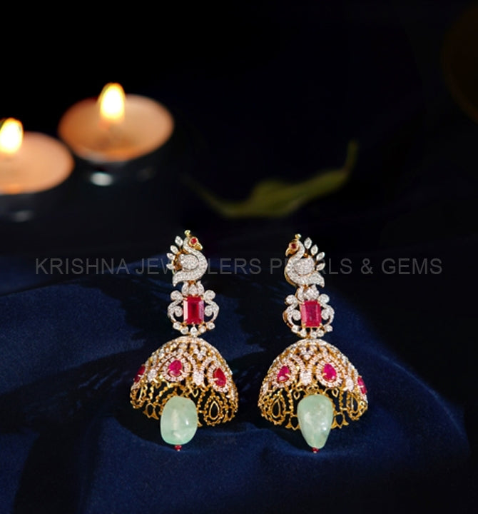 Diamond Jhumka with Peacock Stud