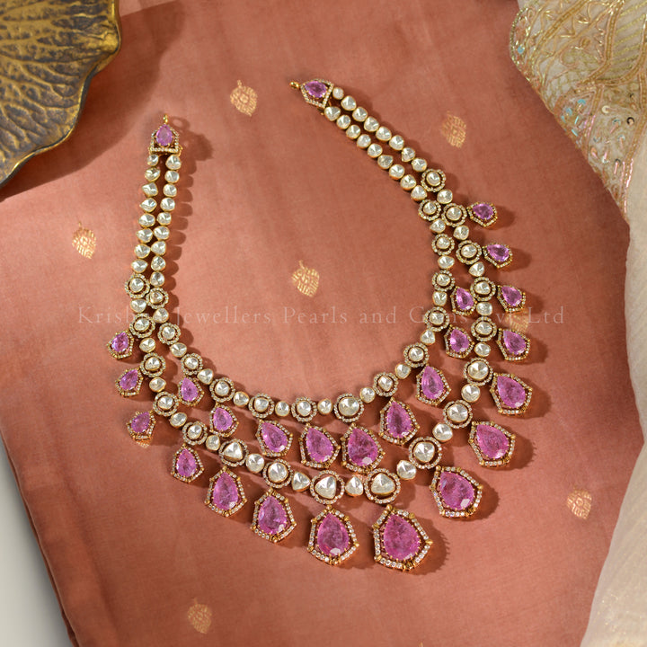 18K Gold Two-Layered Polki Necklace with Pink Stones | Bridal Statement Jewellery