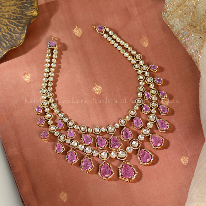 18K Gold Two-Layered Polki Necklace with Pink Stones | Bridal Statement Jewellery