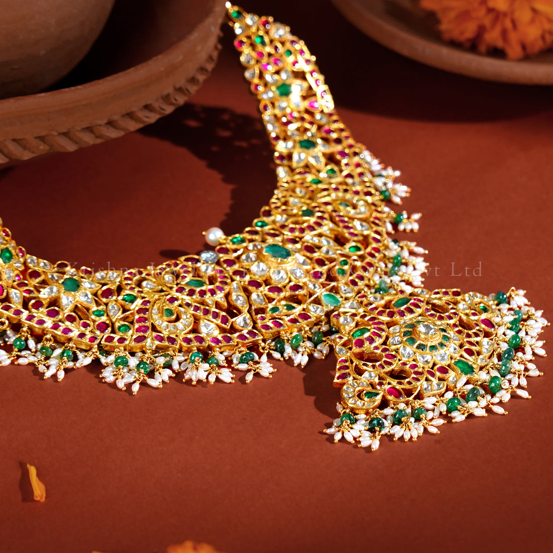 Bridal Kundan Necklace in 22K Gold with Emeralds & Rubies