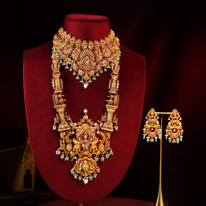 22K Gold Nakshi Lakshmi Bridal Set with Choker, Haram & Earrings