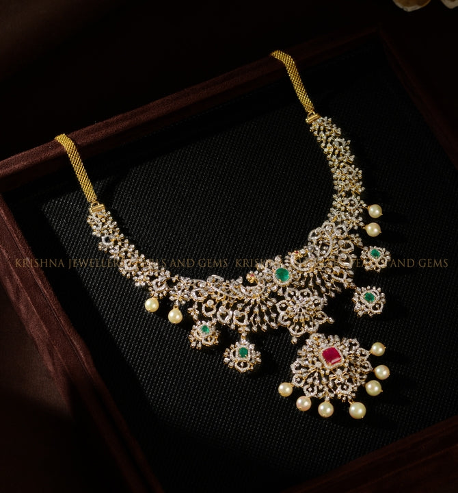 Diamond Necklace Adorned with Colour Stones and Pearls