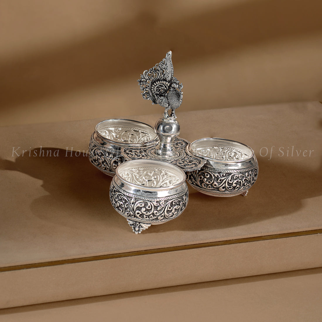 Silver Panchapali with Floral & Peacock Design