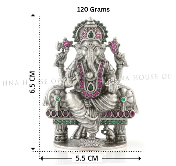 Silver Ganesh Idol with Gemstones for Prosperity & Luck