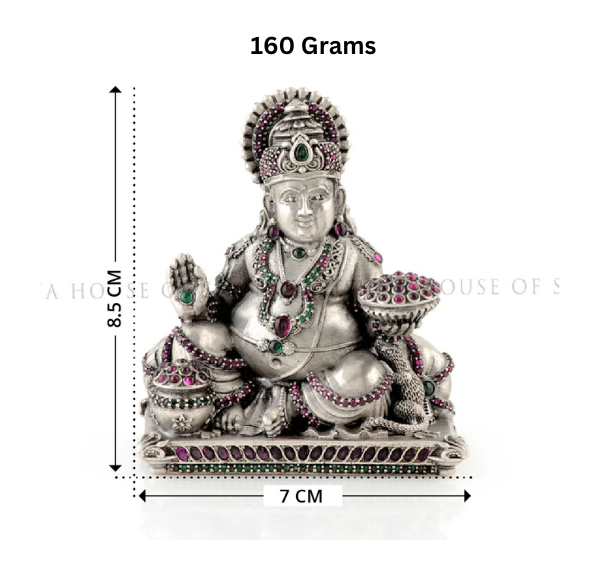 92.5 Silver Kuber Idol - Seated Pose with Money Pot with stones