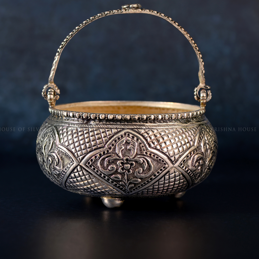 Antique 92.5 Silver Flower Basket with Floral Design