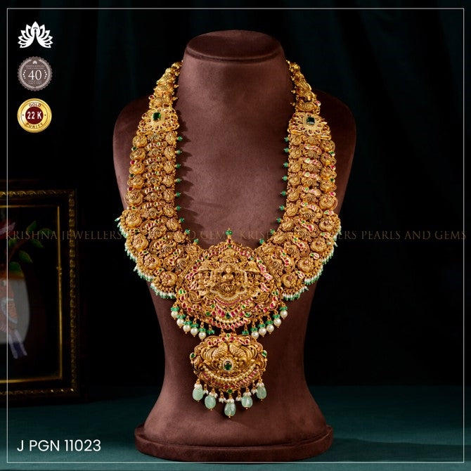 Gorgeous 22K Gold Bridal Laxmi Devi Haram with Exquisite Peacock Designs
