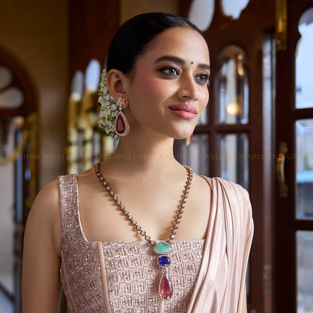 18K Diamond Necklace Tourmaline, Tanzanite & Emerald