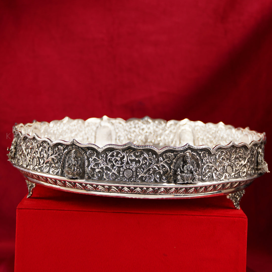 Silver Pooja Thali with Goddess Lakshmi Motifs