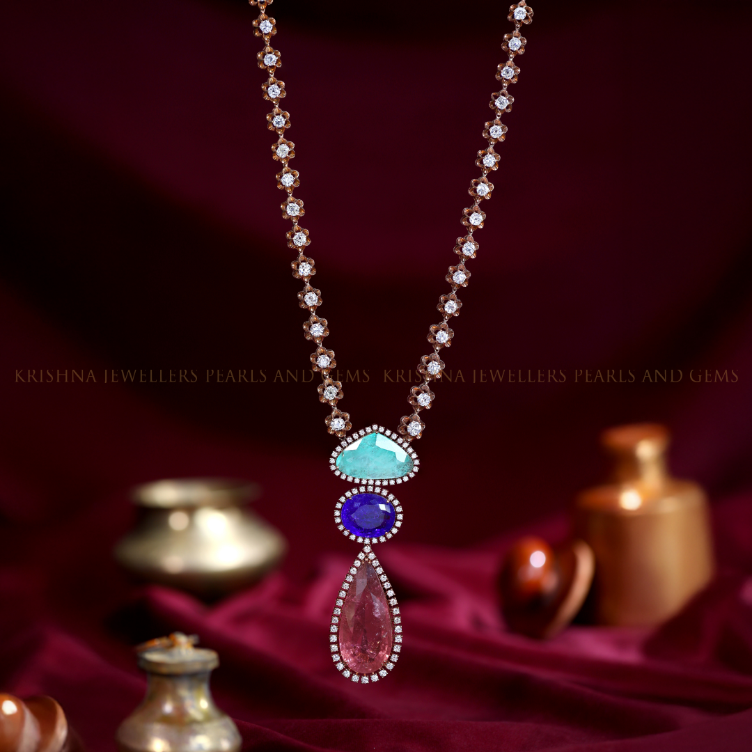 18K Diamond Necklace Tourmaline, Tanzanite & Emerald