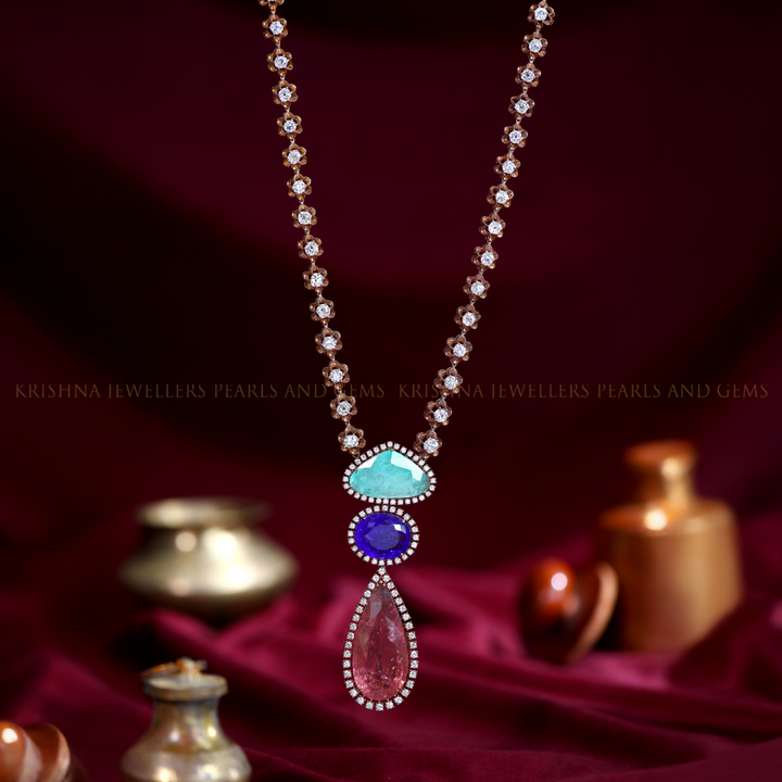 18K Diamond Necklace Tourmaline, Tanzanite & Emerald