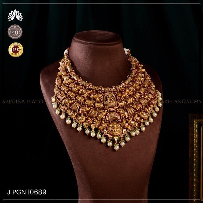 22K Gold Laxmi Devi Bridal Choker with Elephants and Peacocks