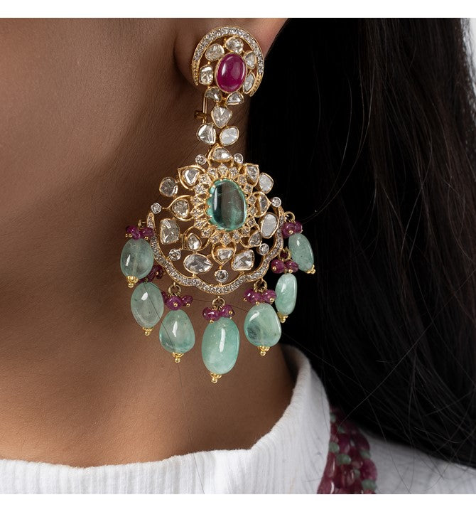 Elegant Ruby and Emerald Polki Earrings