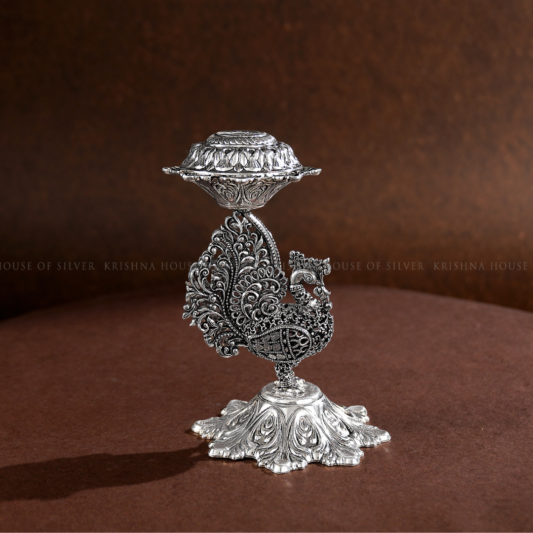 Silver Peacock Agarbatti Stand – Antique Finish
